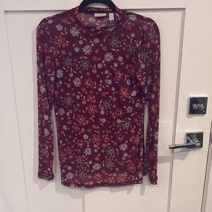 Elegant Floral Long Sleeve Blouse - Burgundy and Gray